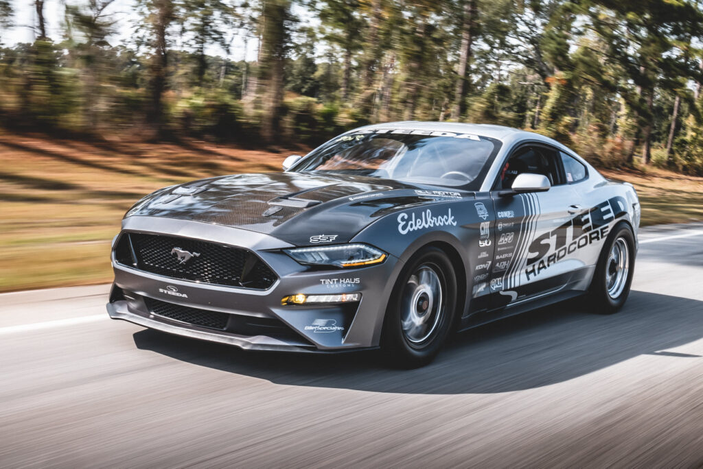 Edelbrock-supercharged Steeda Silver Bullet Mustang GT on the street