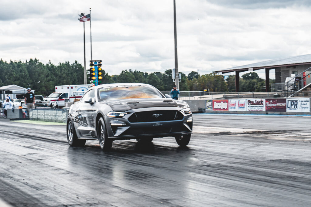 Edelbrock-supercharged Steeda Silver Bullet Mustang GT at the drag strip